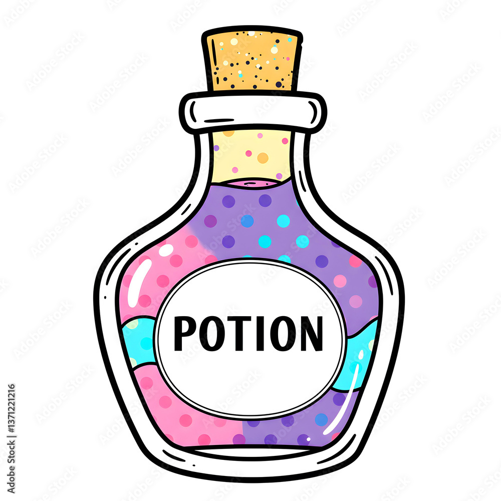 Kawaii magical potion in rainbow colors with label and sparkles Kawaii magical potion in rainbow colors with label and sparkles