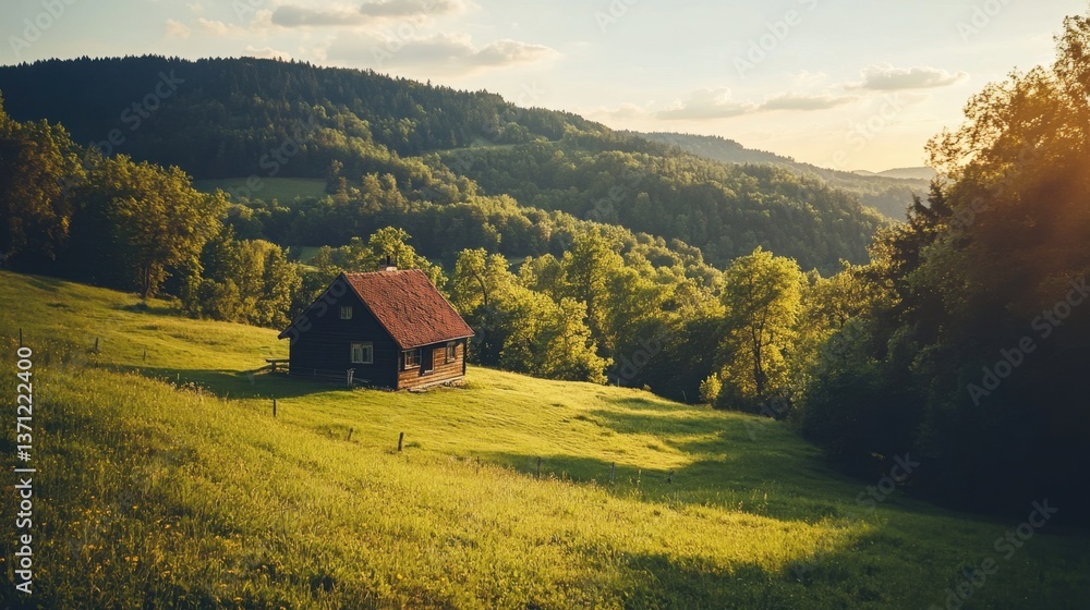 A peaceful countryside with rolling green hills and a small wooden farmhouse. A peaceful countryside with rolling green hills and a small wooden farmhouse.