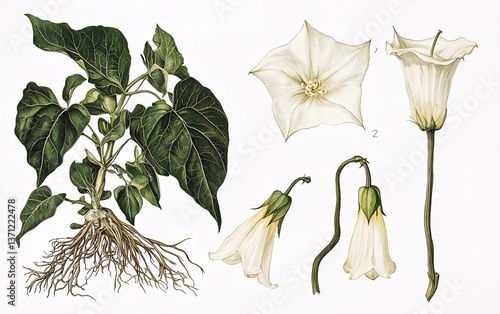 Detailed botanical illustration of datura metel plant with flowers and roots, showcasing intricate details of the plant's anatomy