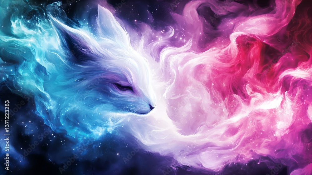 Obraz premium Stylized celestial fox is rendered in blue and pink nebulous hues against a dark space backdrop with gleaming starlight.