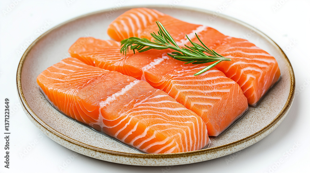 A Plate of Fresh Salmon Fillets Isolated on White Background A Plate of Fresh Salmon Fillets Isolated on White Background