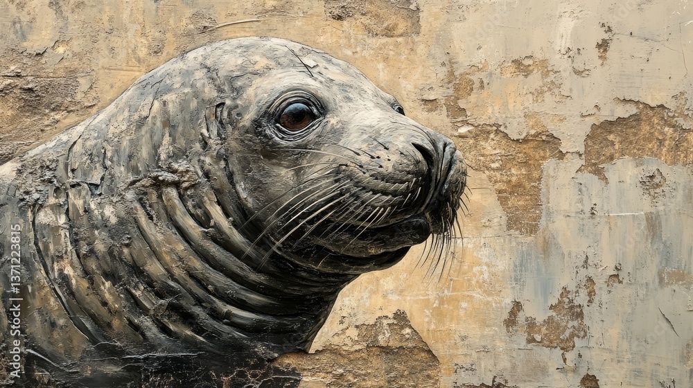Fototapeta premium Stone seal sculpture emerging from textured wall