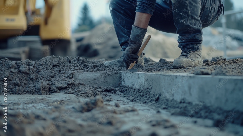 A construction worker inspecting concrete foundation on a building site. Featuring precision and care A construction worker inspecting concrete foundation on a building site. Featuring precision and care
