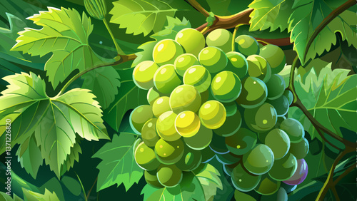 A high-resolution close-up of juicy green grapes clinging to the vine, surrounded by lush leaves