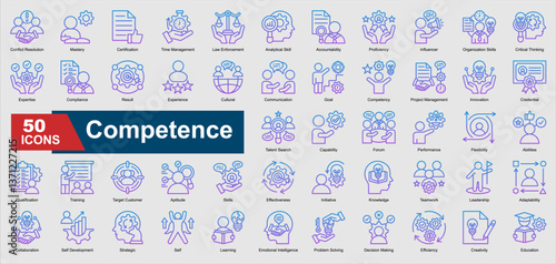 A collection set of gradient outline Competence icons. Includes expertise, proficiency, leadership, problem solving, training, and more. Perfect for illustration and design.
