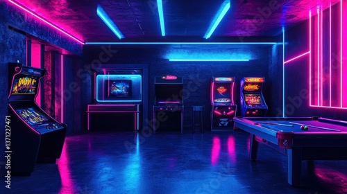 Wallpaper Mural Vibrant Arcade Room with Neon Lights and Classic Games Torontodigital.ca