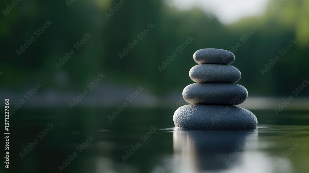 Stacked stones on tranquil water, serene forest backdrop