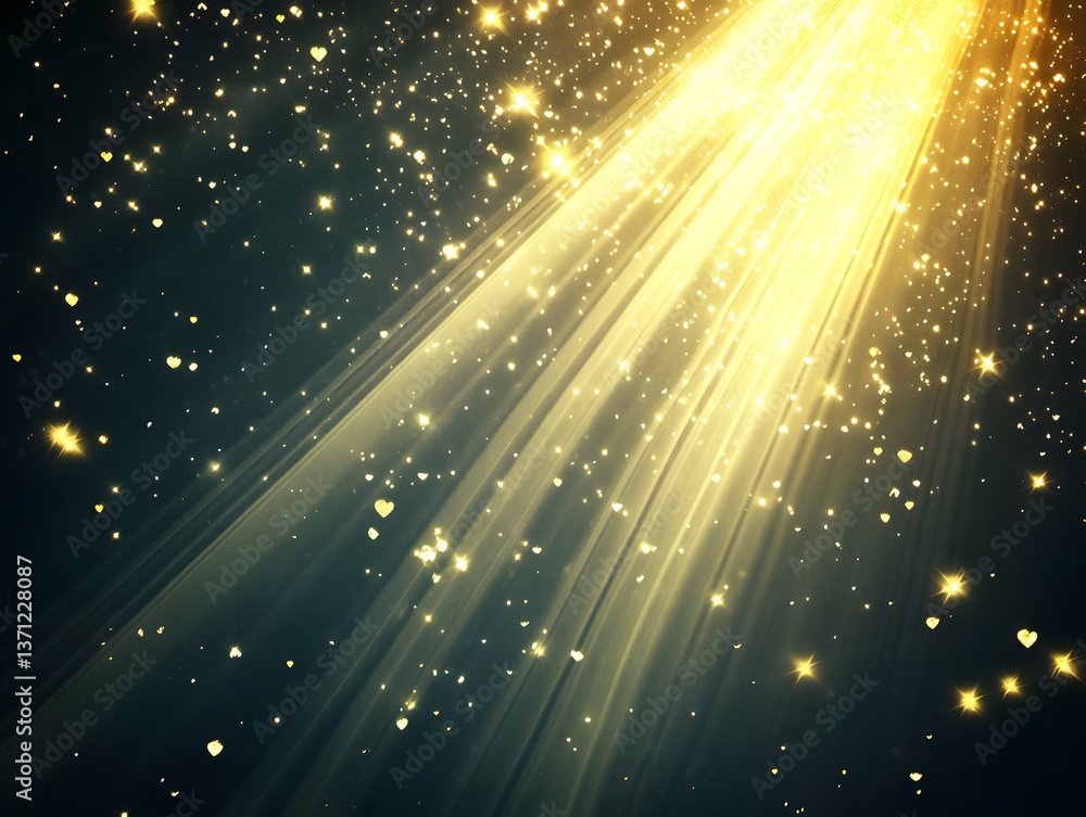 Obraz premium Golden Light Rays with Glitter Hearts Background