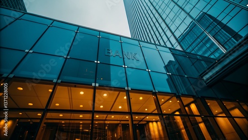 Modern bank building entrance glass facade urban setting evening light teal and gold tones corporate