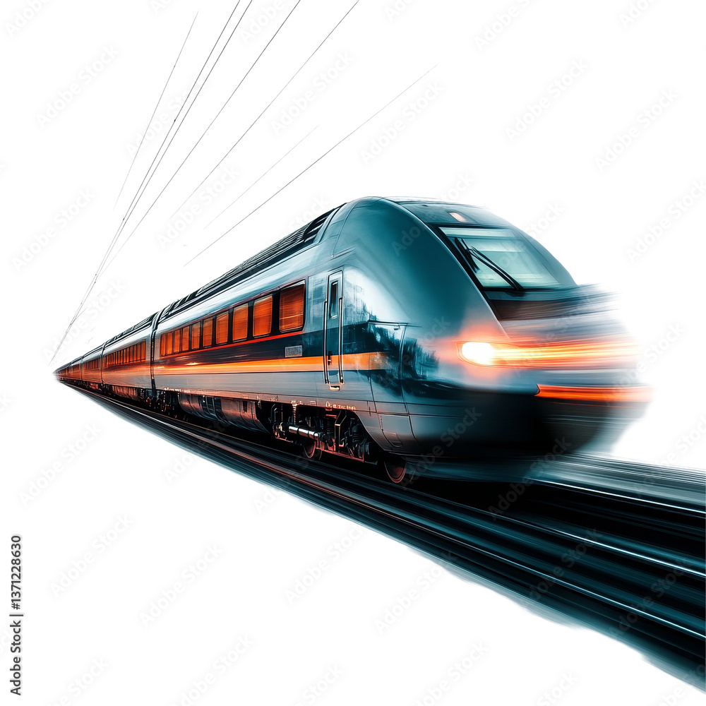 Naklejka premium Modern train locomotive speeding along tracks against a clean transparent background, Modern Train Locomotive in Motion on transparent background