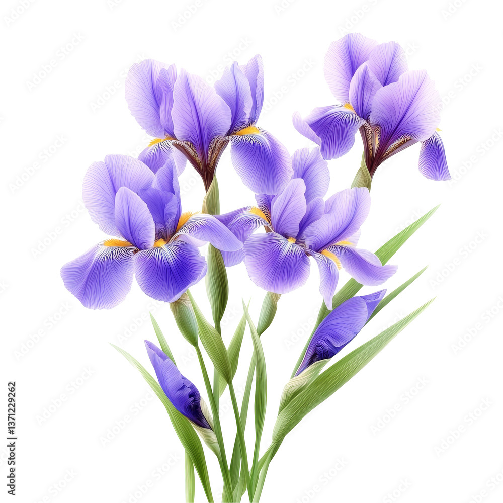 Naklejka premium Beautiful iris flowers in a vibrant floral arrangement on a transparent background, iris flowers in a floral arrangement isolated on transparent background