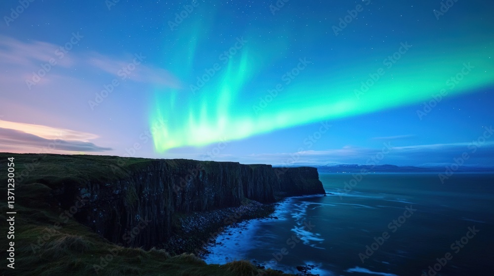 Fototapeta premium Clover-shaped aurora borealis over irish cliffs nature scene night sky coastal landscape breathtaking view