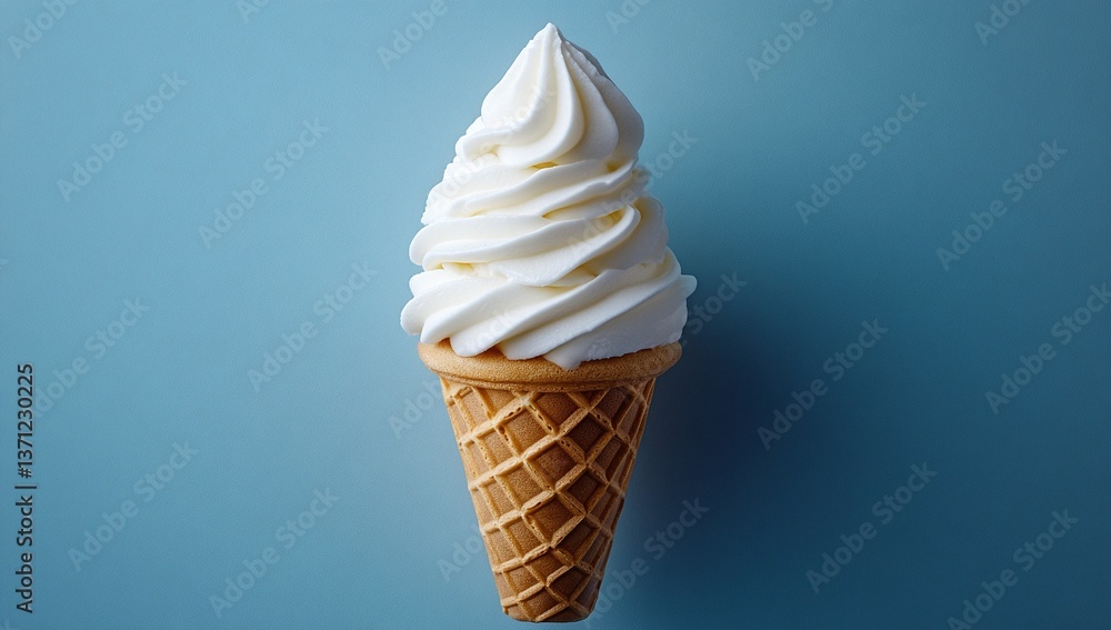 Creamy vanilla soft serve ice cream in a waffle cone against a light blue background. Perfect summer treat! Creamy vanilla soft serve ice cream in a waffle cone against a light blue background. Perfect summer treat!