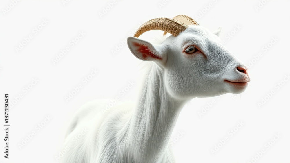 White goat with curved horns looks peacefully ahead against a plain background in a serene setting White goat with curved horns looks peacefully ahead against a plain background in a serene setting