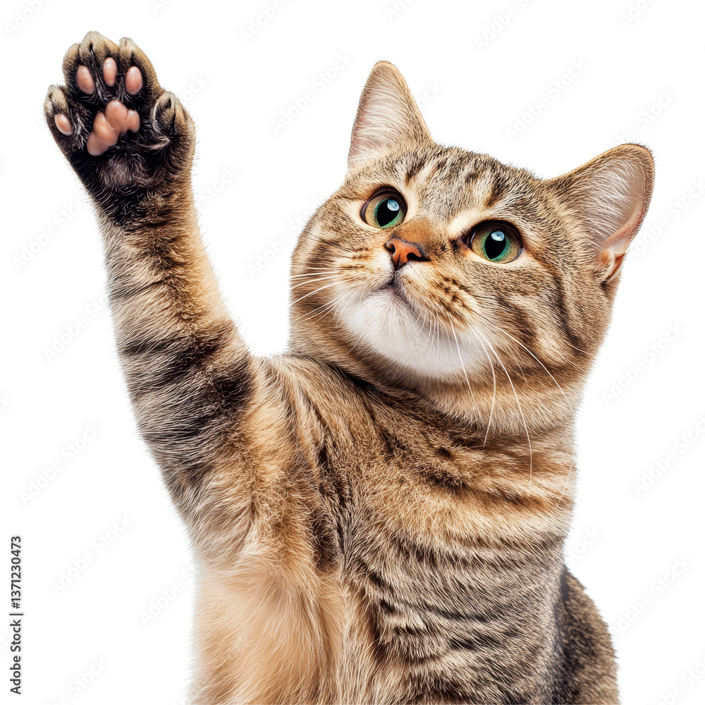 Fototapeta premium A cute cat with green eyes gives a high five while posing against a transparent backdrop, cat giving high five, look on camera, isolated transparent background