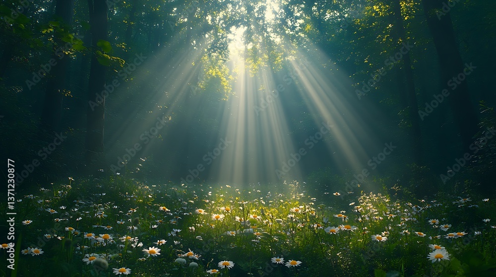 Obraz premium Peaceful forest green with daisies and morning sunlight rays high resolution hd image