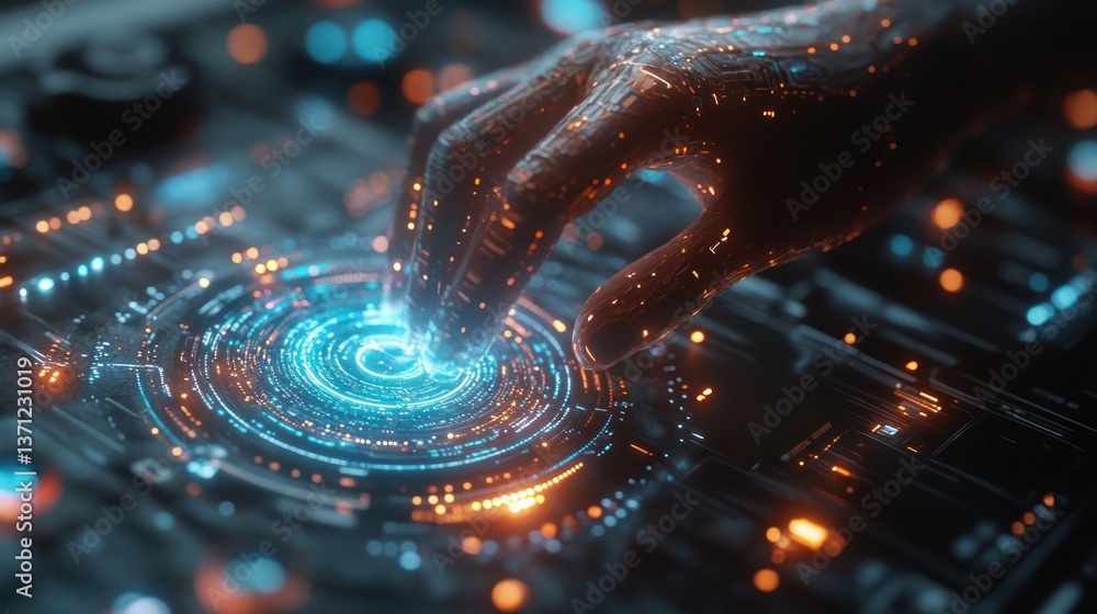 An advanced AI assistant hologram interacting with futuristic digital elements An advanced AI assistant hologram interacting with futuristic digital elements