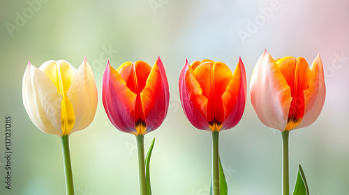 Four Colorful Tulips In Row