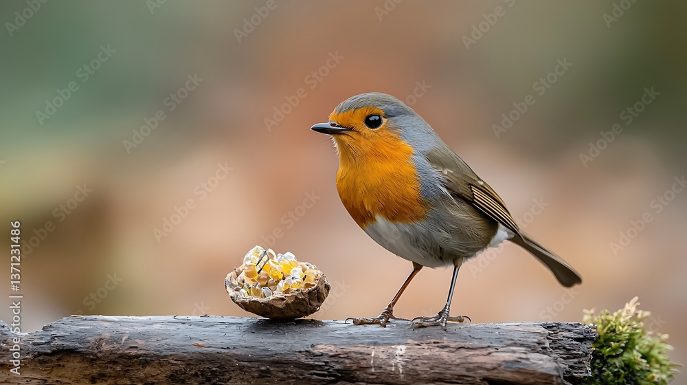 Fototapeta premium European robin perched on a log with nuts