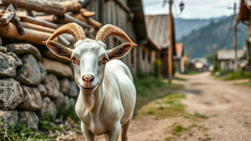 Goat standing on a dirt road surrounded by rustic buildings in a village during a sunny day Goat standing on a dirt road surrounded by rustic buildings in a village during a sunny day