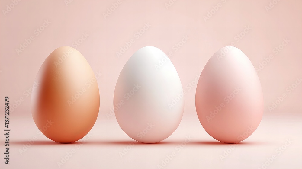 Three eggs are standing on a soft pink surface with a matching background, displaying different shades. Three eggs are standing on a soft pink surface with a matching background, displaying different shades.