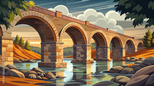 majestic stone bridge on a calm river at sun set time, Highly detailed vector