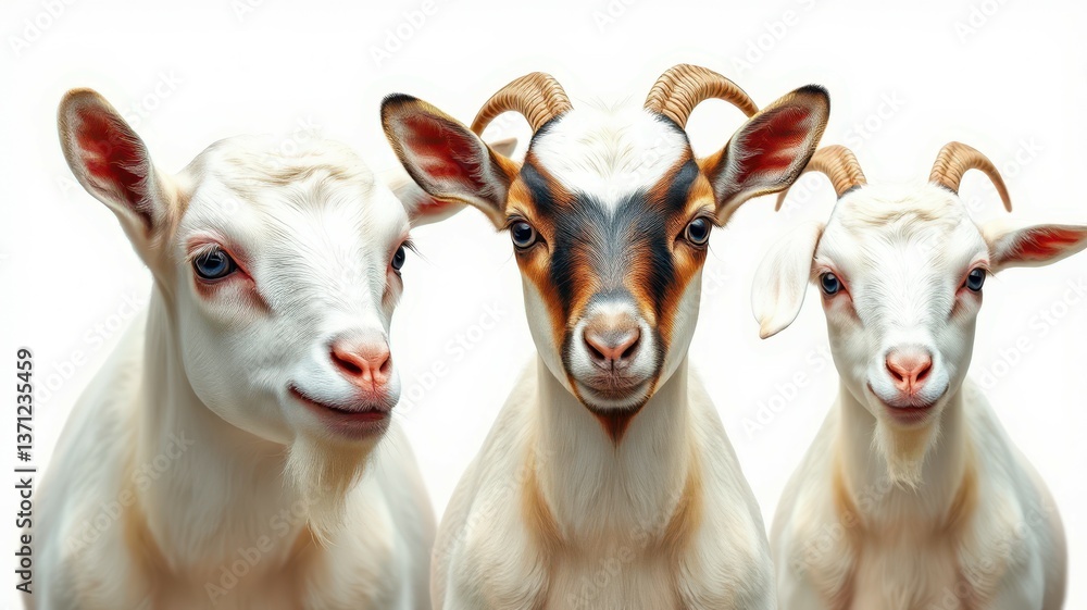 Goats standing together in a friendly arrangement showcasing their unique features and expressions Goats standing together in a friendly arrangement showcasing their unique features and expressions