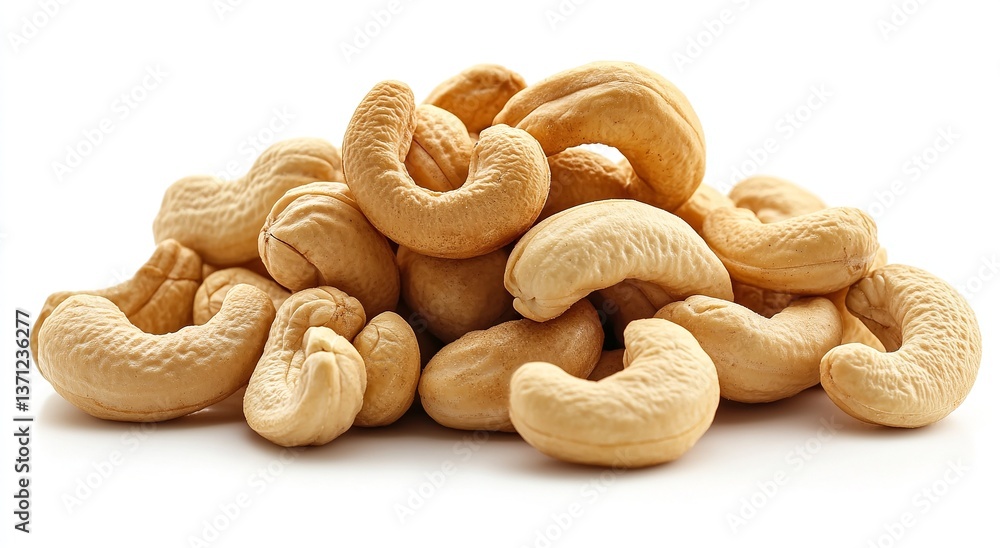 A close-up shot of a pile of cashew nuts against a bright white background. The warm, creamy tones of the nuts create a visually appealing image. A close-up shot of a pile of cashew nuts against a bright white background. The warm, creamy tones of the nuts create a visually appealing image.
