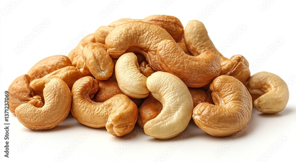 A pile of roasted cashews, showcasing their warm, nutty tones against a bright white background. A pile of roasted cashews, showcasing their warm, nutty tones against a bright white background.