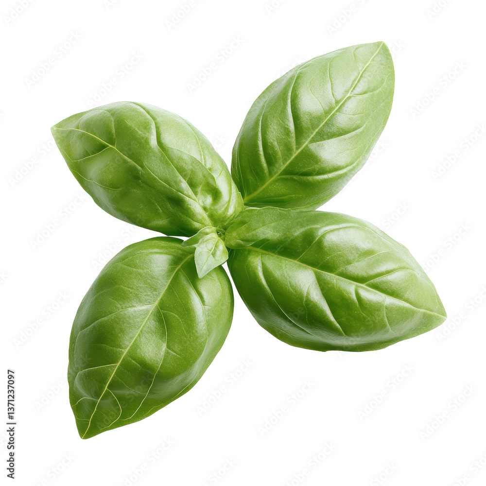 Fototapeta premium Fresh green basil leaves displayed on a clean transparent background, of fresh green basil herb leaves isolated on transparent background