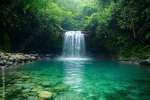 Rainforest waterfall cascading into a crystal-clear pool, surrounded by dense foliage and vibrant greenery
