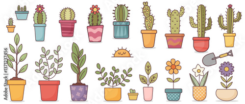20 potted flowers with cacti and ficus on white transparent background