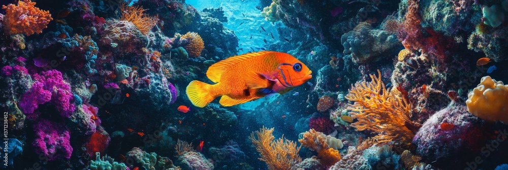 Obraz premium Orange fish swims through vibrant coral reef