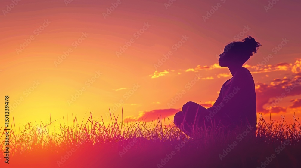Silhouette of a Person Meditating in Nature at Sunset Yoga Pose Mindfulness Relaxation Sere Silhouette of a Person Meditating in Nature at Sunset Yoga Pose Mindfulness Relaxation Sere