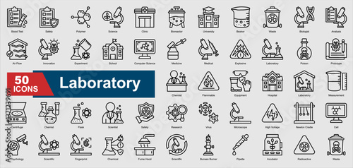 A collection set of line Laboratory icons. Includes microscope, beaker, scientist, experiment, research, and more. Perfect for illustration and design.