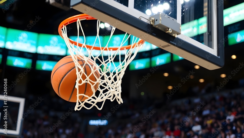 Basketball going through hoop and net in indoor arena with blurred spectators. Successful score concept. Basketball going through hoop and net in indoor arena with blurred spectators. Successful score concept.