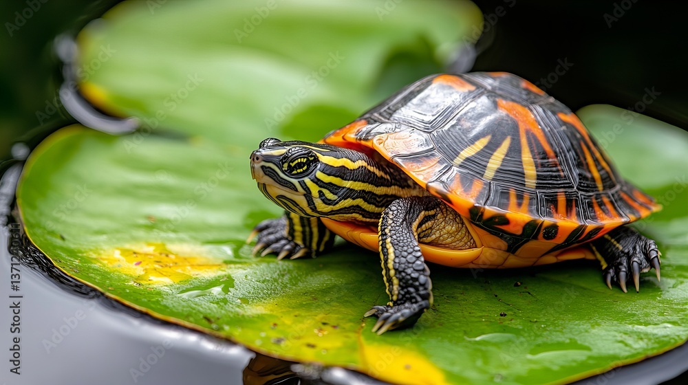 Obraz premium Turtle rests on a green lily pad in the water, displaying a vibrant shell and striped facial markings.