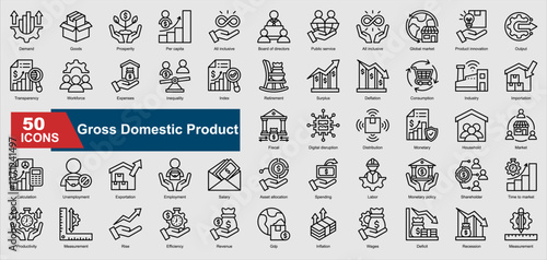 A collection of line Gross Domestic Product icons. Includes revenue, inflation, GDP growth, fiscal policy, market trends, and more. Perfect for illustrations and designs.