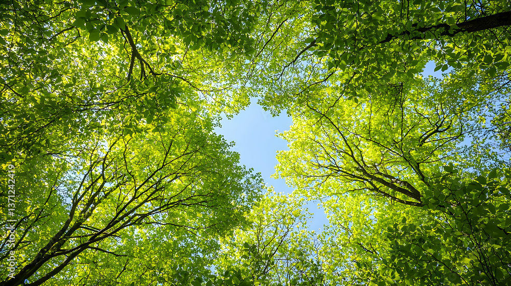 Fototapeta premium Looking Up Through Green Tree Canopy With Bright Sunlight And Blue Sky In Summer Day