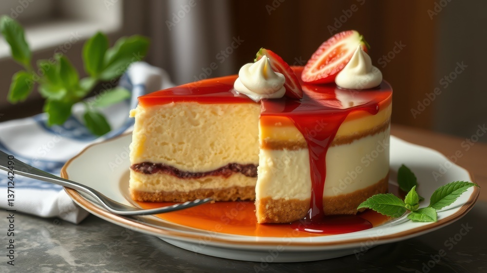 Delicious cheesecake topped with strawberries and syrup served on a plate in a cozy setting Delicious cheesecake topped with strawberries and syrup served on a plate in a cozy setting