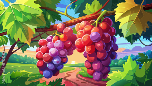 A vibrant close-up of ripe red grapes hanging on the vine in a sunny grape farm