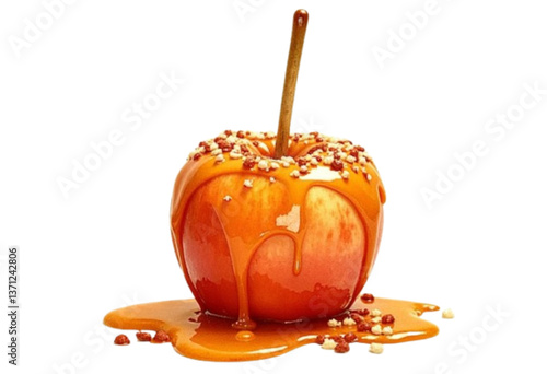 Caramel apple dripping with sauce on a white background  