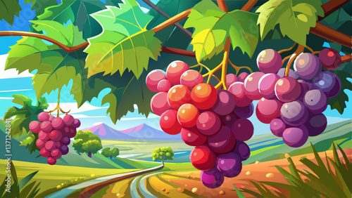 A crisp and colorful close-up of red grapes ripening on the vine in a lush grape farm