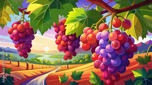 A vibrant close-up of ripe red grapes hanging on the vine in a sunny grape farm