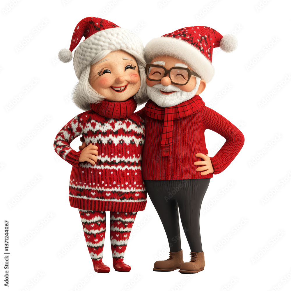 Fototapeta premium Elderly couple dressed in festive Christmas attire smiling joyfully against a transparent background, elderly couple wearing christmas clothes on transparent background