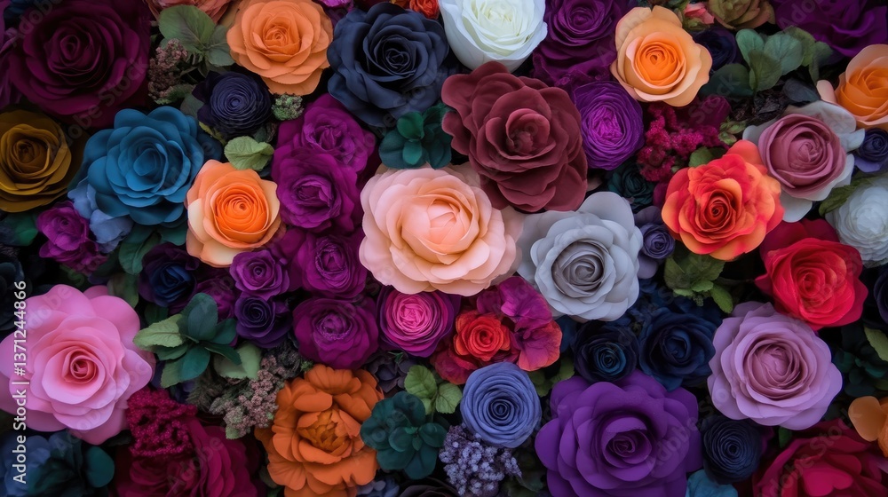 Colorful paper rose arrangement. A vibrant display of many different colored paper roses, in various shades of pink, purple, orange, and more. Detailed paper petals create a 3D effect, Colorful paper rose arrangement. A vibrant display of many different colored paper roses, in various shades of pink, purple, orange, and more. Detailed paper petals create a 3D effect,