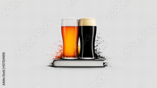 Obraz na płótnie Two beer glasses are sitting on a book with orange and black paint splashes against a neutral backdrop. w salonie