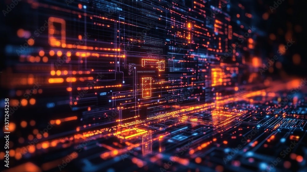 Fototapeta premium Abstract Digital Data Stream: A mesmerizing visualization of interconnected digital information flow, showcasing complex algorithms and network architecture.