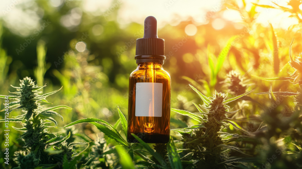 Closeup of amber glass dropper bottle blank label copy space tincture cannabis plant leaves buds commercial medical marijuana greenhouse pot plant botanical texture defocused agriculture background Closeup of amber glass dropper bottle blank label copy space tincture cannabis plant leaves buds commercial medical marijuana greenhouse pot plant botanical texture defocused agriculture background