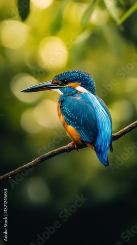Adorable colorful bright kingfisher with blue feathers sitting on thin branch against green background in nature